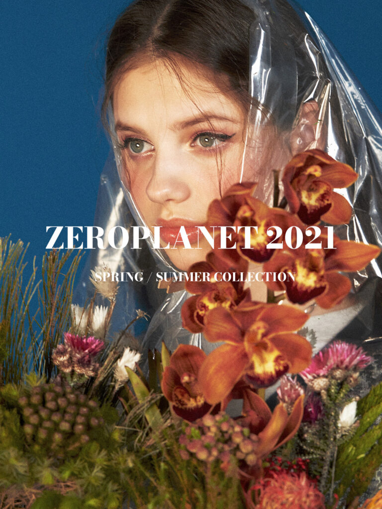 비닐 베일을 쓰고 오케드 꽃다발을 든 모델과 Zeroplanet 2021 SS 패션 에디토리얼 타이틀을 담은 커버